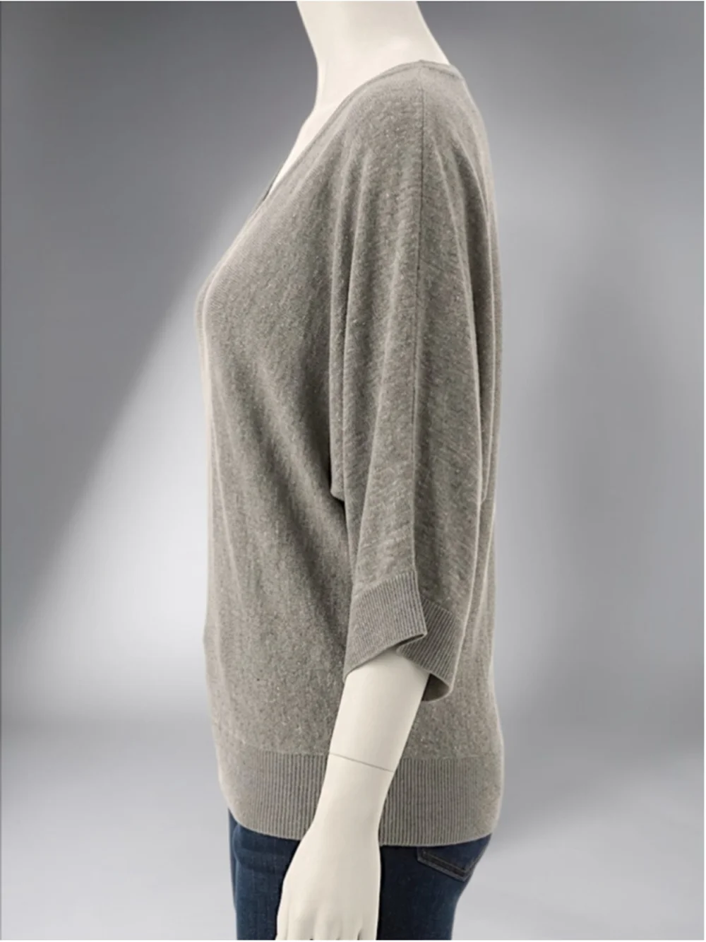 New York & Company Taupe Bell Batwing Sleeve V-Neck Sweater